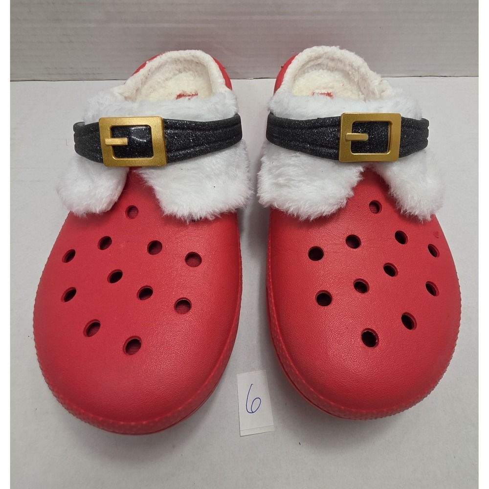 Crocs White Fur Lined Santa Claus Christmas Clogs Red Size J6 Holiday